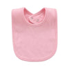 A pink soft cotton baby bib with a rounded neckline and a small button closure.