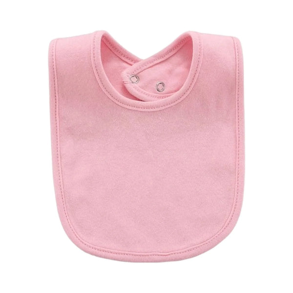 A pink soft cotton baby bib with a rounded neckline and a small button closure.