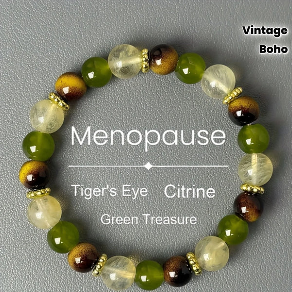 Vintage Boho Armband mit Tigerauge- und Citrinen-Steinen in verschiedenen Grün- und Goldtönen.