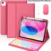 A pink multi-angle keyboard case for an iPad, shown with a keyboard, pen, and mouse.