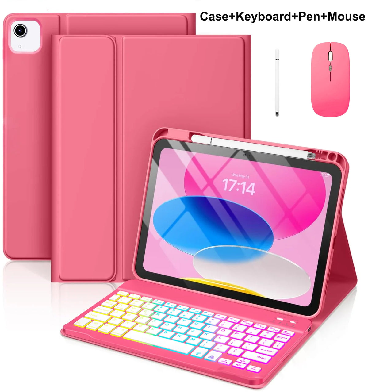 A pink multi-angle keyboard case for an iPad, shown with a keyboard, pen, and mouse.
