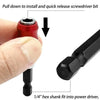 A hand is pulling down a red screwdriver bit to install it, demonstrating the quick release mechanism for a 1/4 inch hex shan