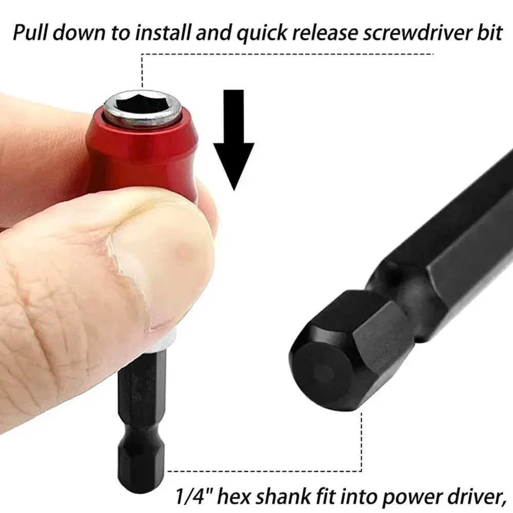 A hand is pulling down a red screwdriver bit to install it, demonstrating the quick release mechanism for a 1/4 inch hex shan