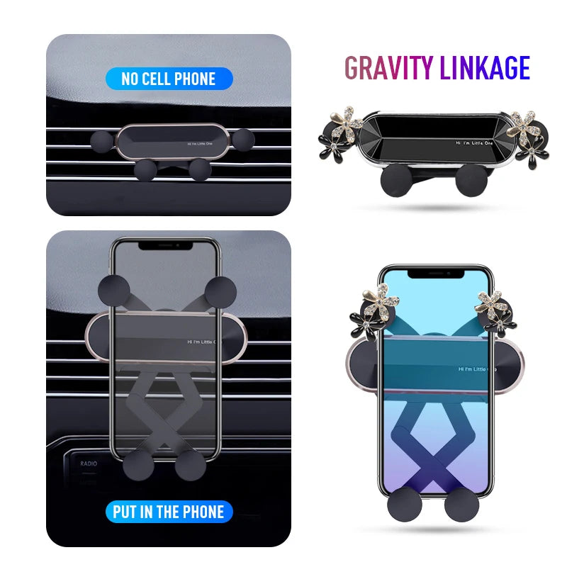 A crystal flower gravity linkage phone holder shown in various configurations for mounting on a phone.