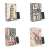 A set of four vintage-style books featuring travel and love themes, each paired with a smartphone.