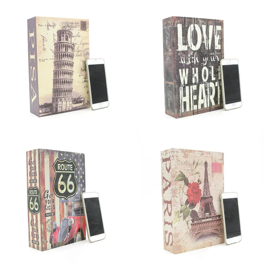A set of four vintage-style books featuring travel and love themes, each paired with a smartphone.