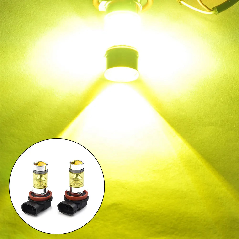 A bright yellow LED fog light bulb illuminating a surface, with two replacement bulbs shown below.