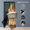 A woman holds a magnetic screen door with self-sealing mesh, demonstrating its features.
