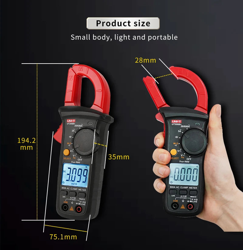 A hand holds a black digital clamp meter with a red handle, showing its size and features.