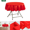 A bright red luxurious round satin tablecloth displayed on a metal stand.