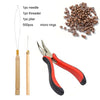 Hair extension installation kit including a needle, threader, pliers, and 500 micro rings.