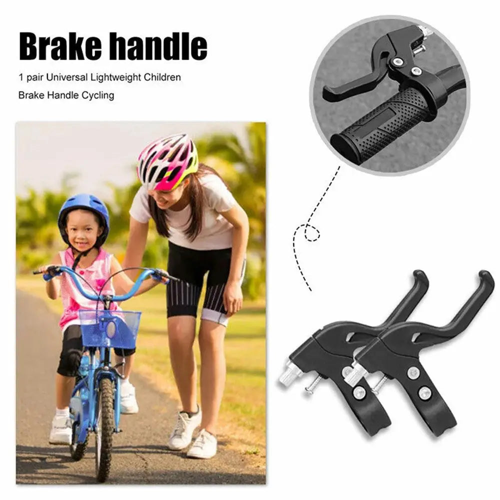 A child is using a brake handle on a bicycle, demonstrating the universal bike V-brake levers.