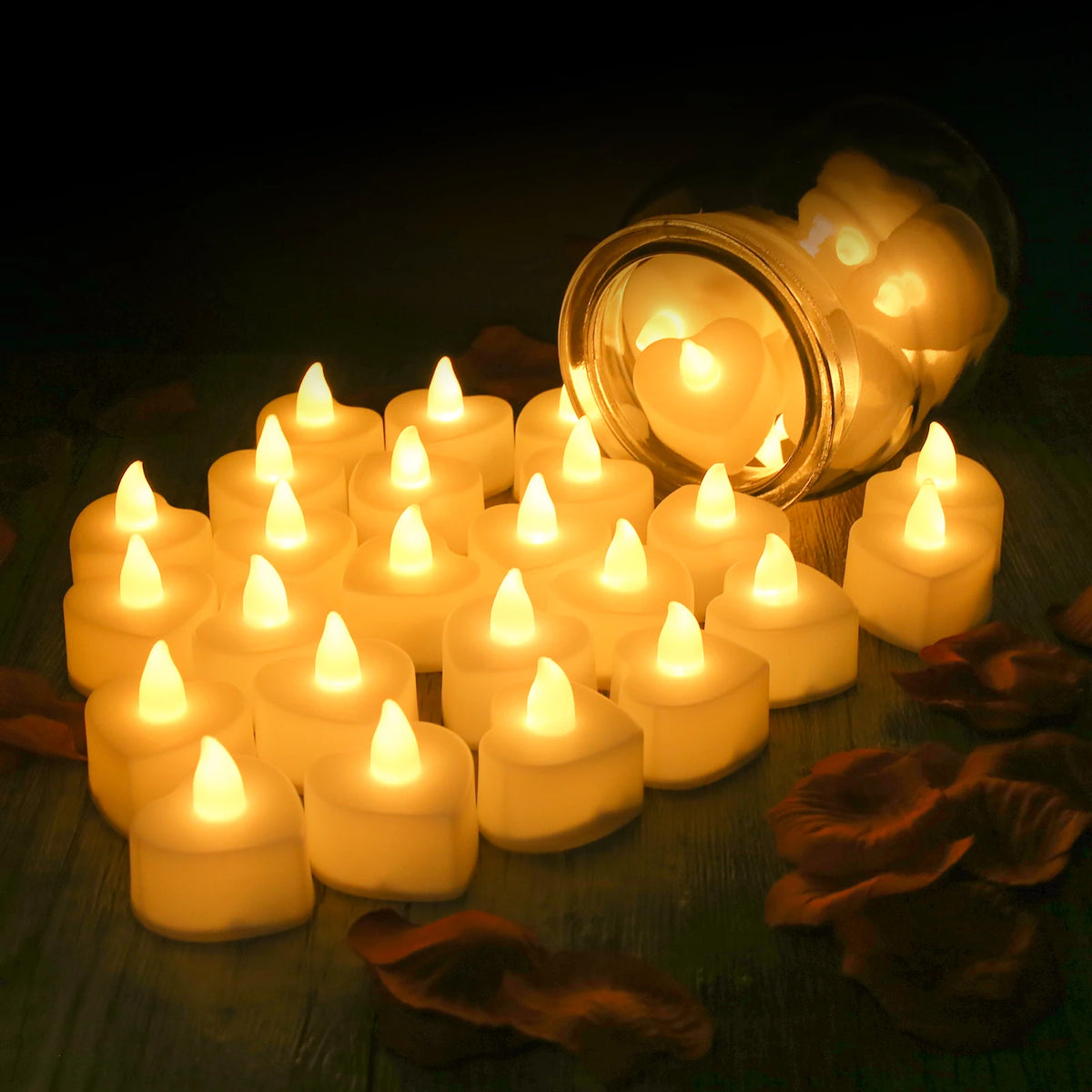 Heart-Shaped LED Tea Lights with Silk Rose Petals