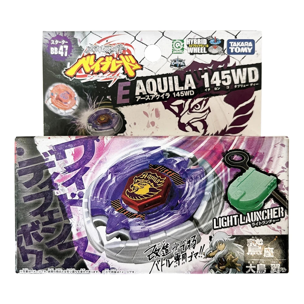 A packaging box for a model kit of the E Aquila 145WD metal spinning top battle toy.