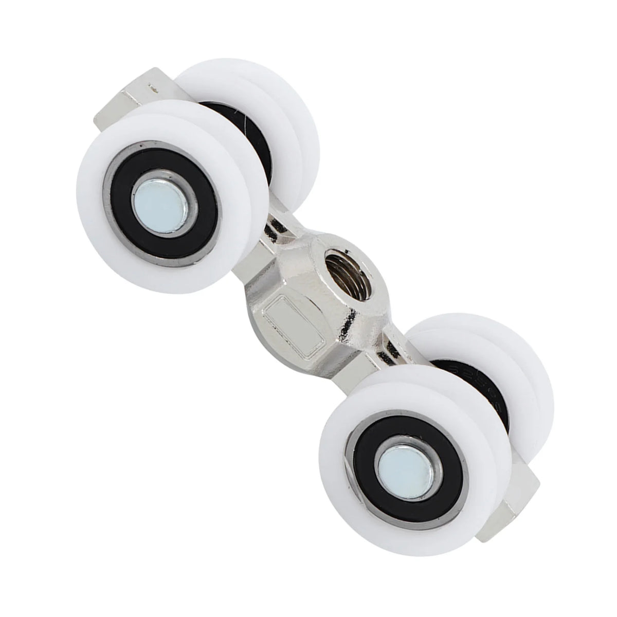 A silver heavy-duty overhead sliding door roller kit with white wheels and black cores.