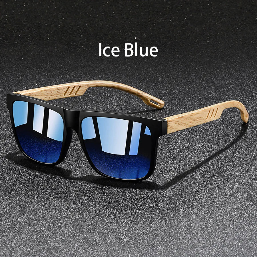 Ice Blue vintage square sunglasses with wooden frames shown on a dark surface.