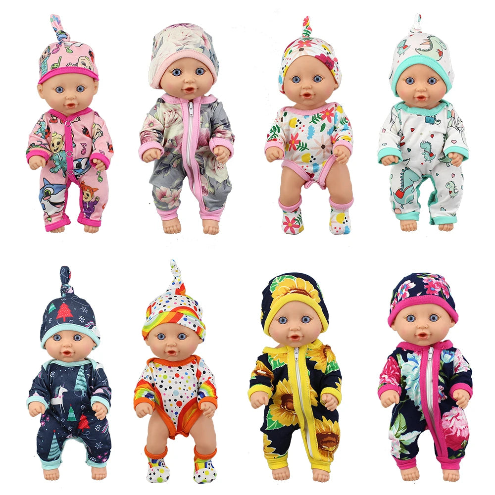 A collection of various colorful jumpsuit outfits for baby dolls.
