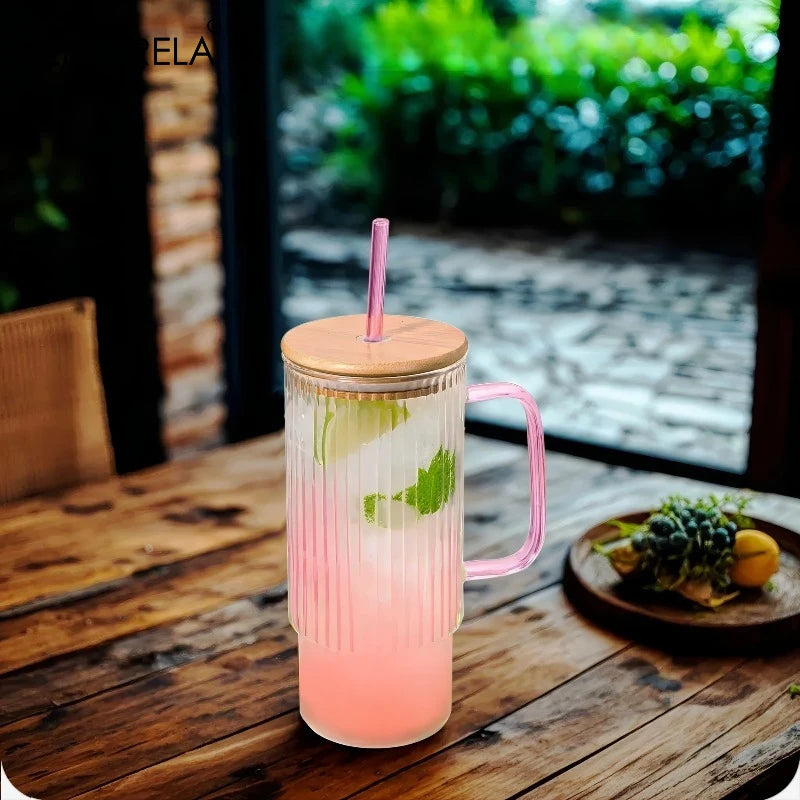 Vintage Ribbed Glass Tumbler with Bamboo Lid and Straw