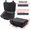 Black rugged waterproof hard case with foam insert shown in various dimensions and angles.