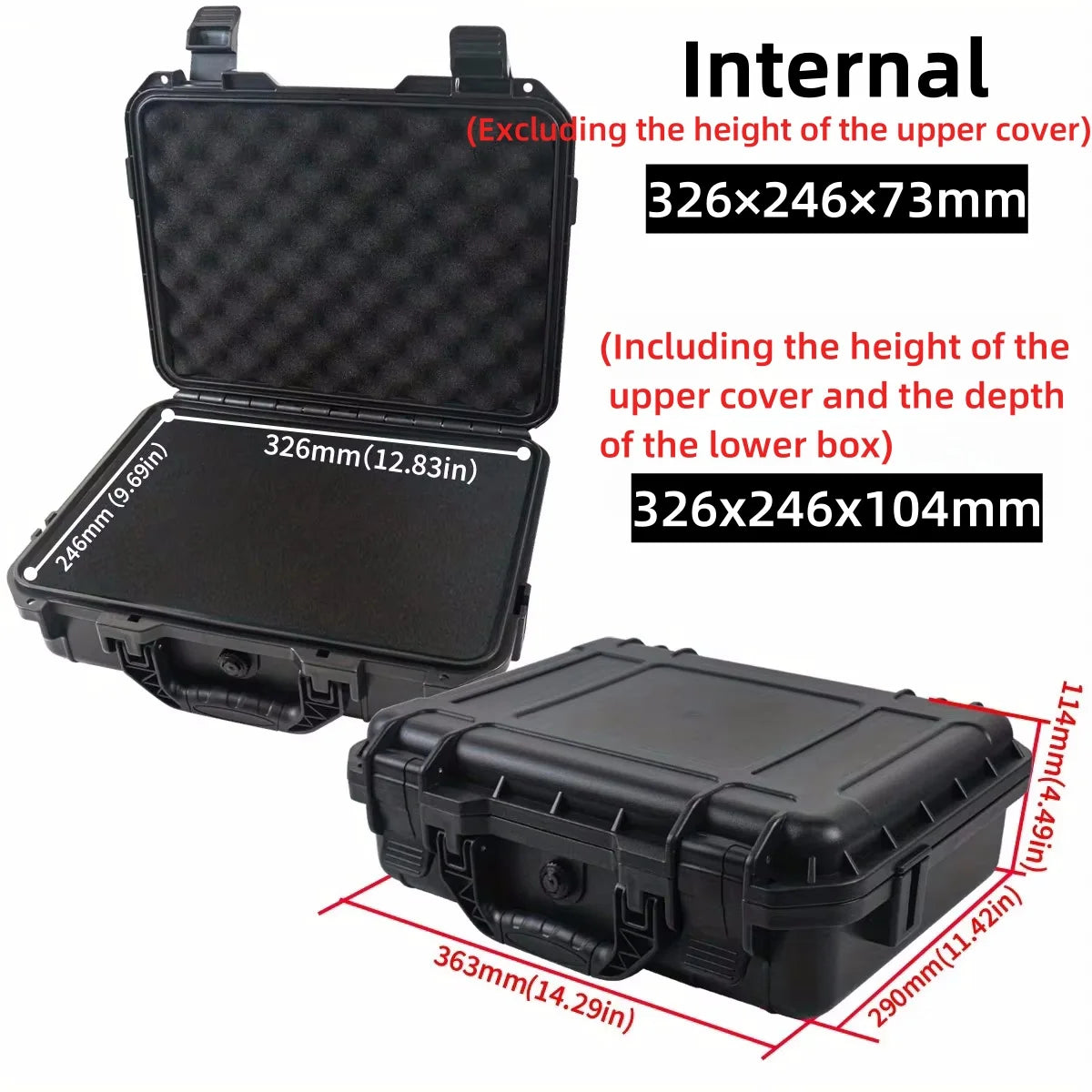 Black rugged waterproof hard case with foam insert shown in various dimensions and angles.