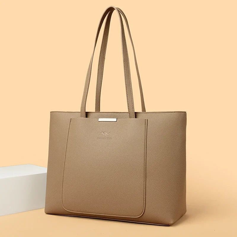 Genuine Leather Tote Bag with Multiple Pockets &amp; Zipper Closure
