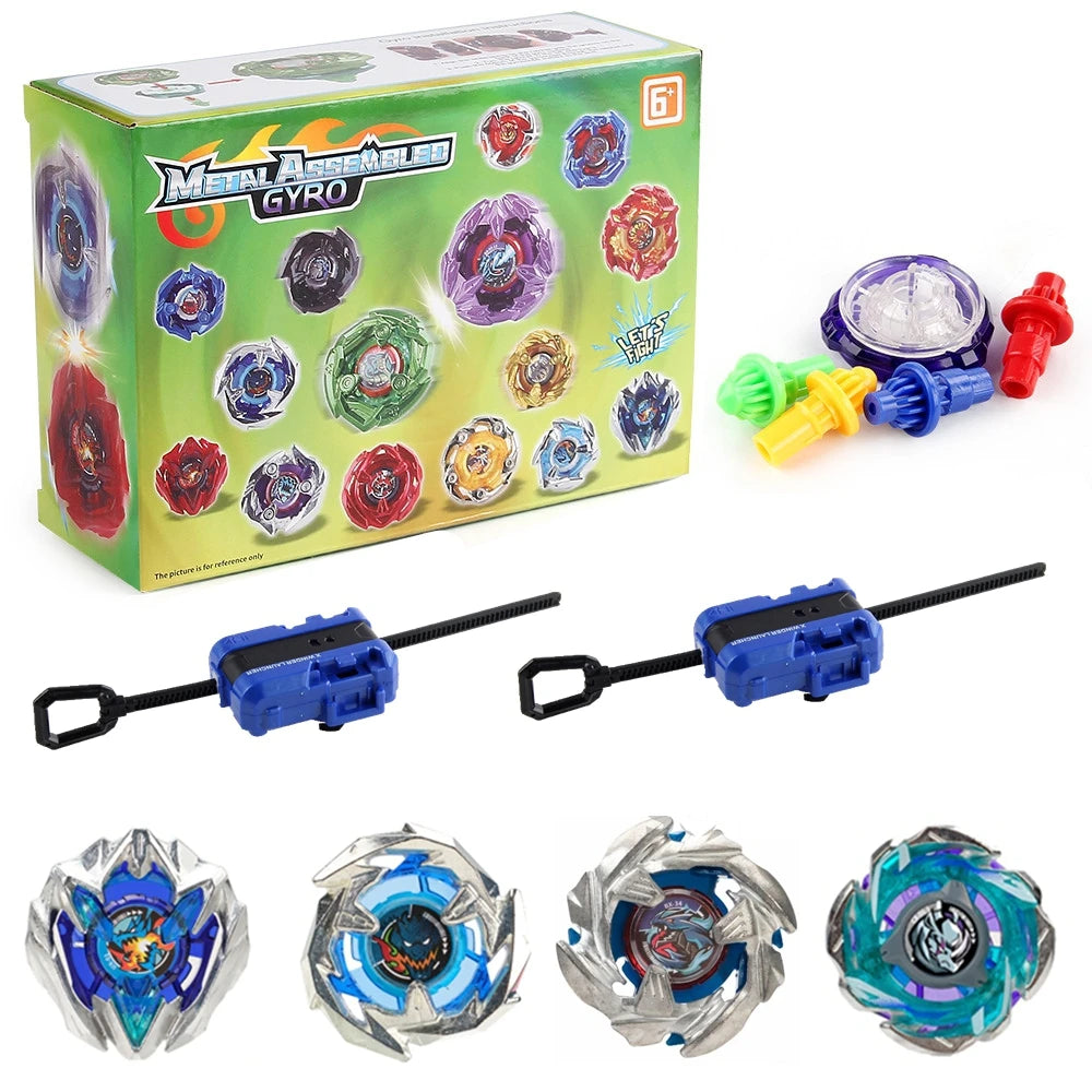 Metal Assemble Gyro spinning top battle set with launchers and various colored tops