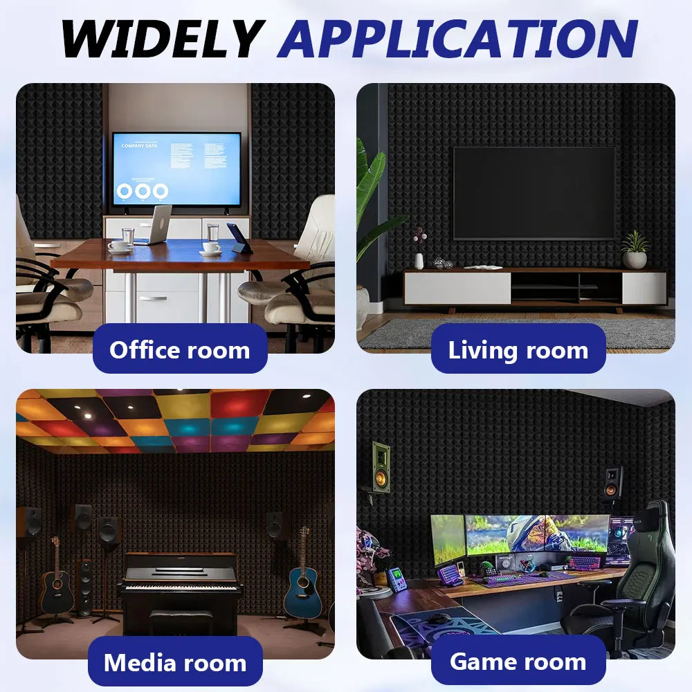 A collection of acoustic foam panels in black are shown installed in various rooms including an office, living room, media ro