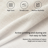 Close-up of a beige linen fabric showing features like high count, durability, and machine washability.