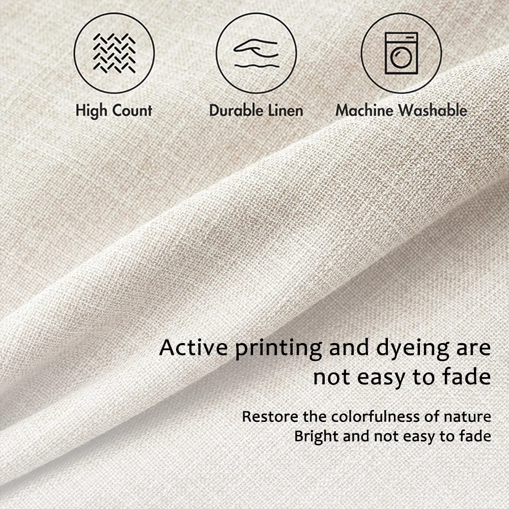 Close-up of a beige linen fabric showing features like high count, durability, and machine washability.