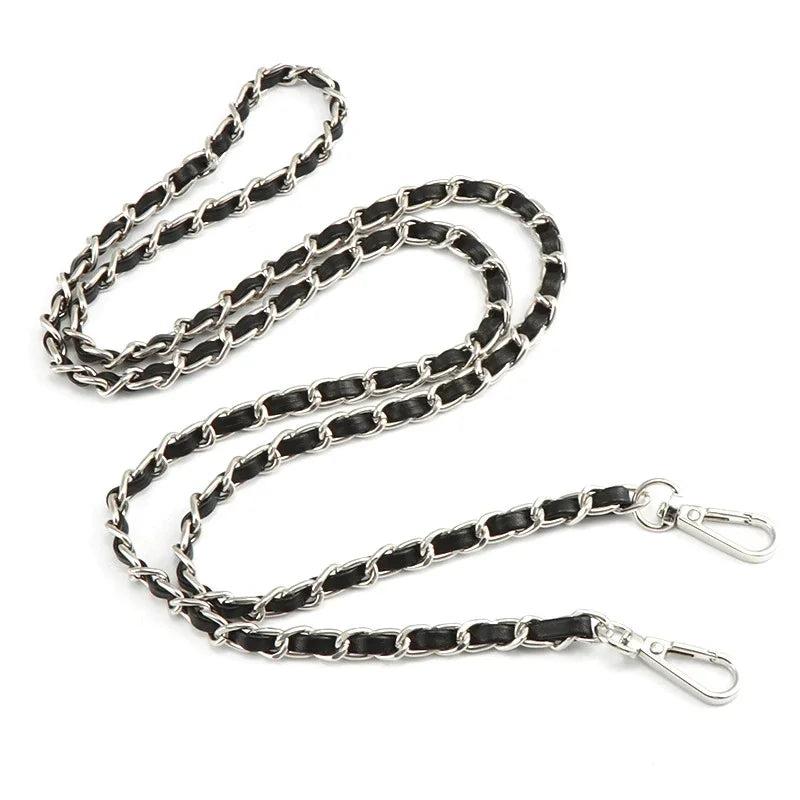 A silver and black universal chain strap for bags and phone cases