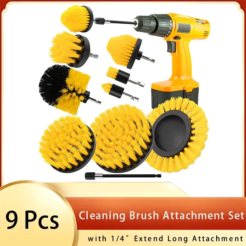 A set of nine yellow and black cleaning brush attachments with a 1/4 inch extend long attachment for a drill.