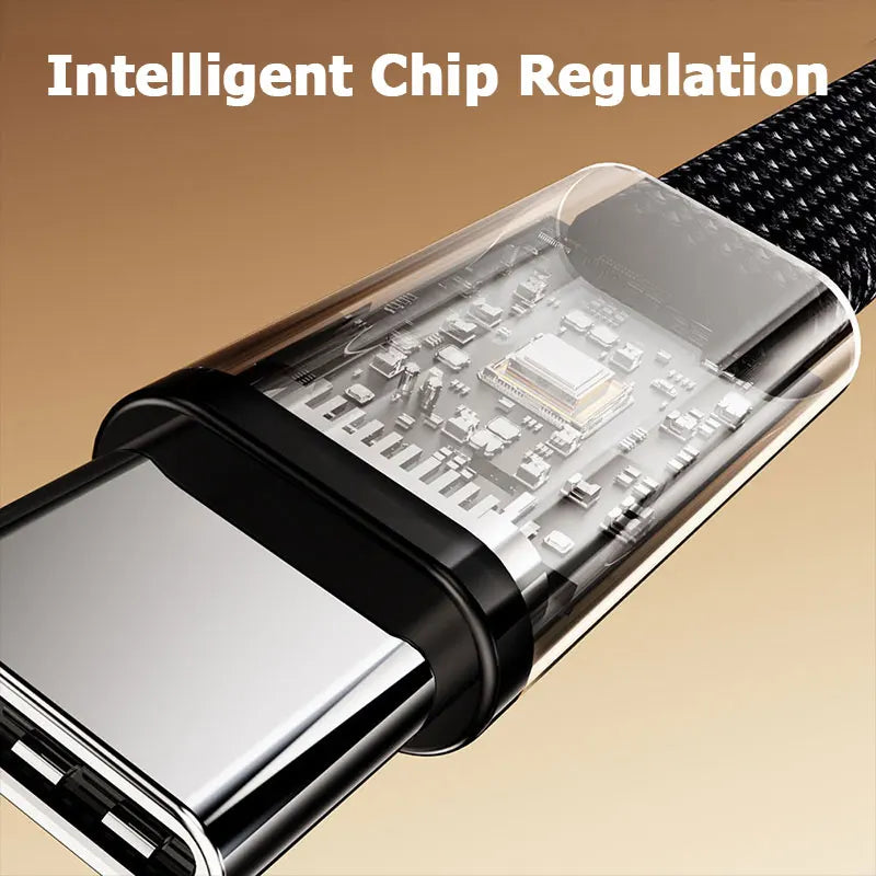 A close-up view of a transparent charging cable with an integrated foldable phone stand and intelligent chip regulation featu
