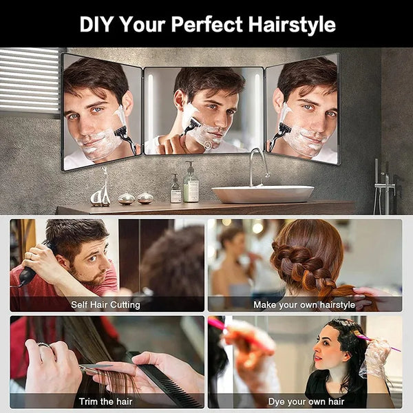 DIY hairstyling tutorial showing various hair cutting and styling techniques using a trifold vanity mirror
