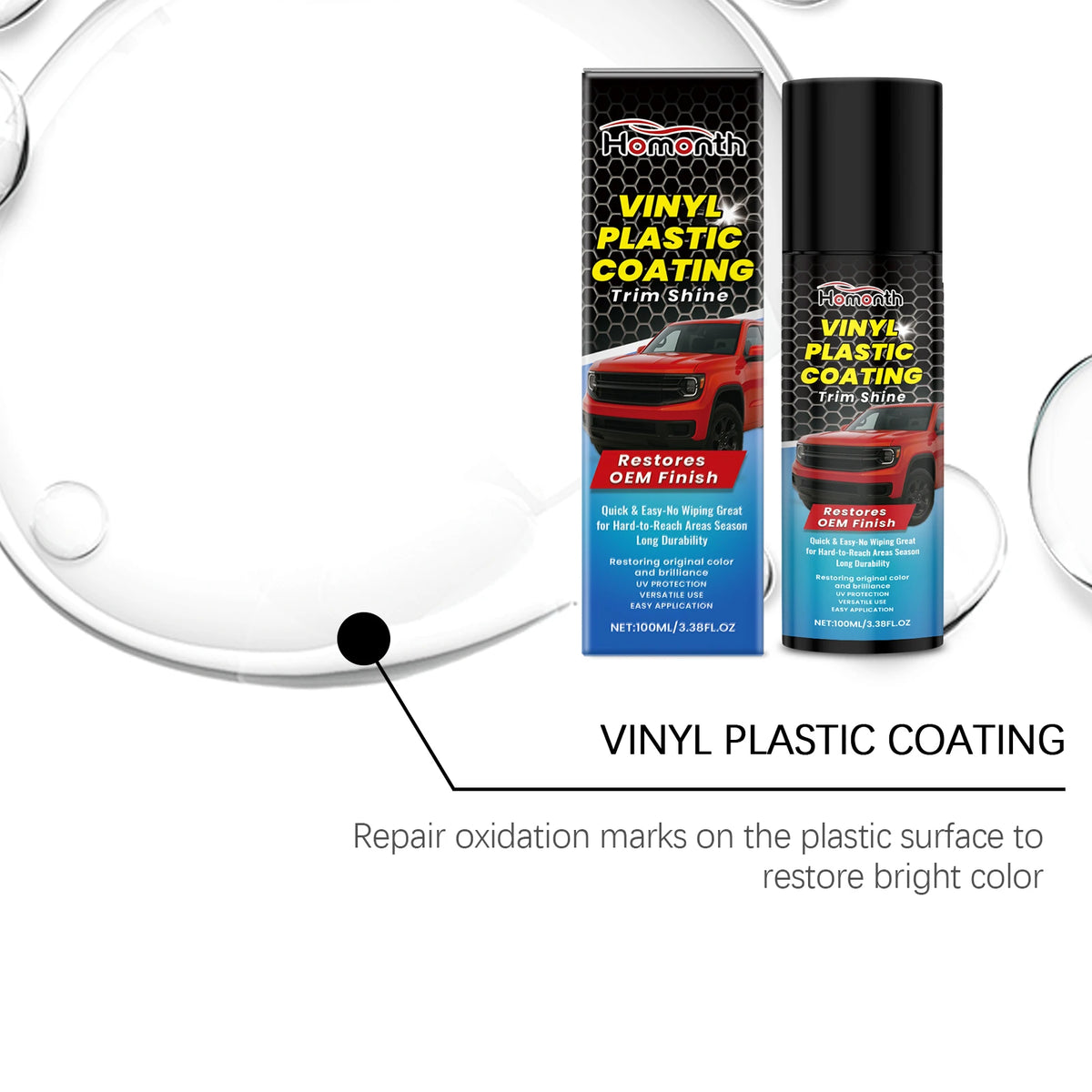 Bottle of Vinyl Plastic Coating Trim Shine product for restoring plastic surfaces