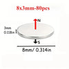 Round silver magnetic sticker, 3mm thick and 8mm in diameter, shown with North and South indicators.