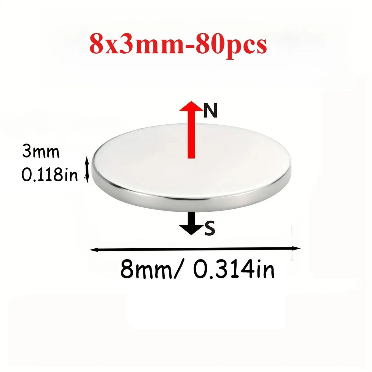Round silver magnetic sticker, 3mm thick and 8mm in diameter, shown with North and South indicators.