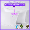 A white pillow protector is shown with water dripping onto it, highlighting its waterproof and hypoallergenic features.