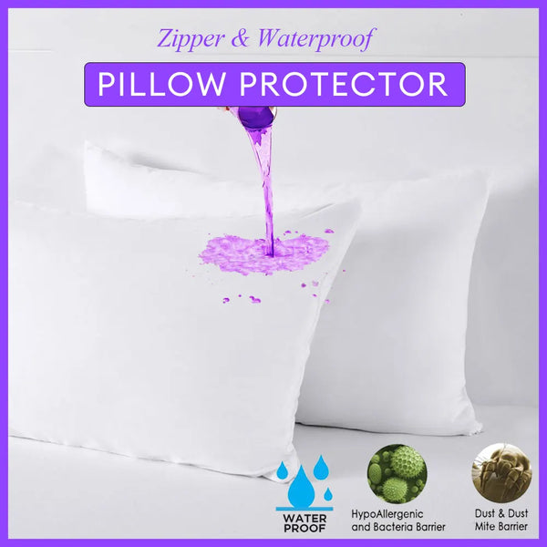 A white pillow protector is shown with water dripping onto it, highlighting its waterproof and hypoallergenic features.