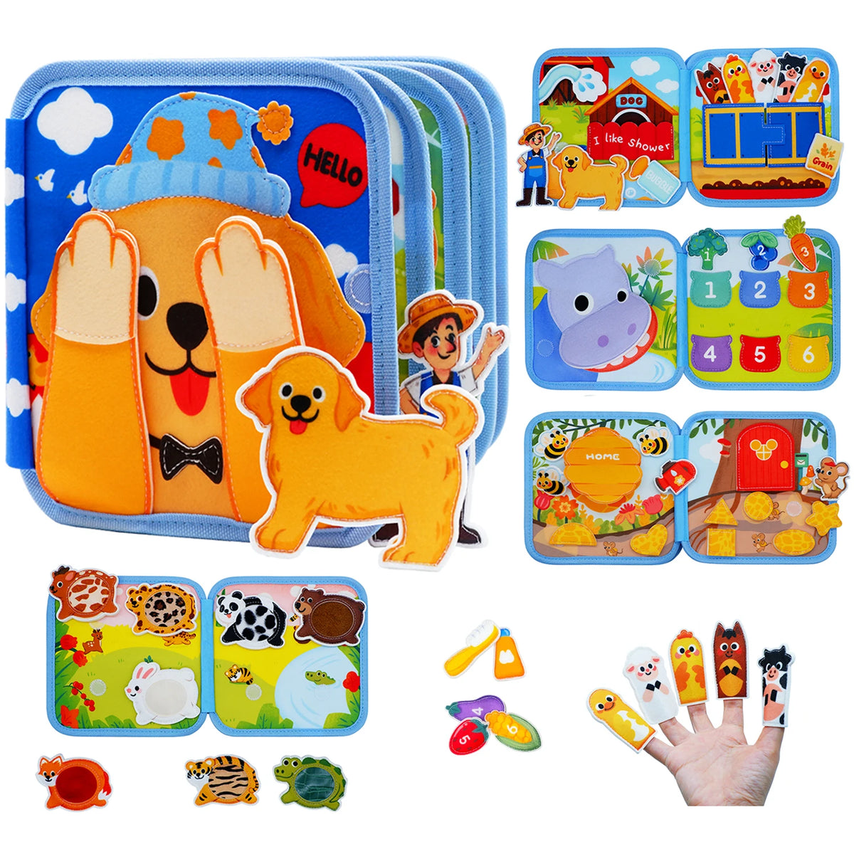 A set of Montessori giraffe busy board for toddlers featuring a quiet book with educational activities and various manipulati