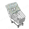 A silver shopping cart with a light green floral patterned cover and a clear window.