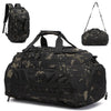 Black camouflage tactical gym backpack with a shoe compartment shown in multiple views.