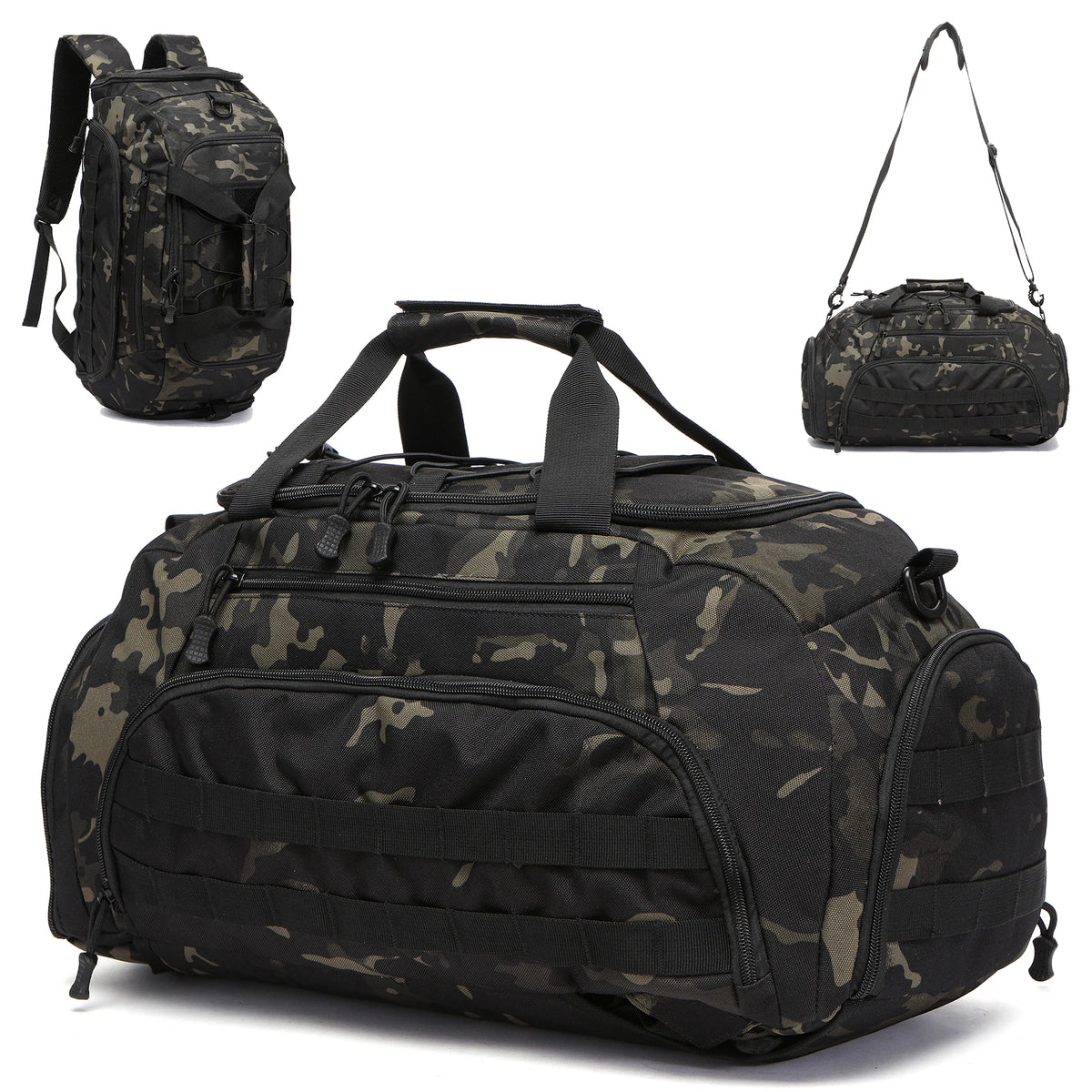 Black camouflage tactical gym backpack with a shoe compartment shown in multiple views.