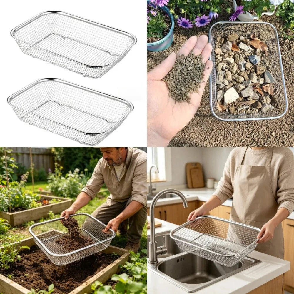 Stainless steel garden soil sieve used for potting and plant care, shown in various applications.
