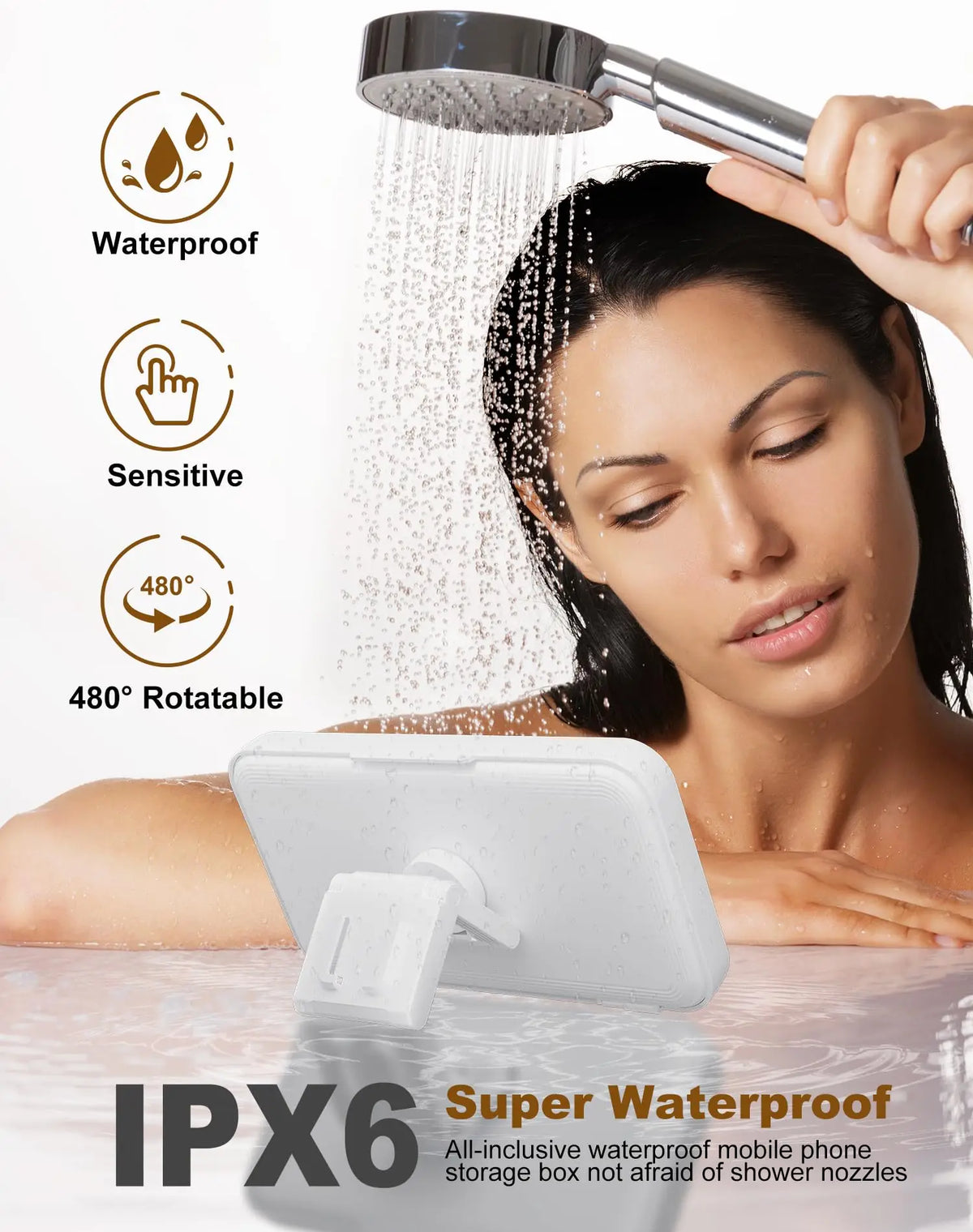 A woman is using an IPX6 waterproof mobile phone storage box designed for shower use.