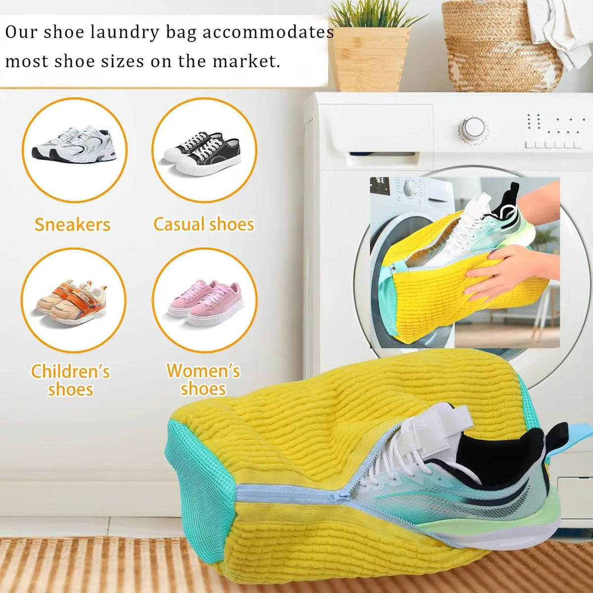Yellow breathable shoe laundry bag with a teal zipper, shown next to a washing machine.