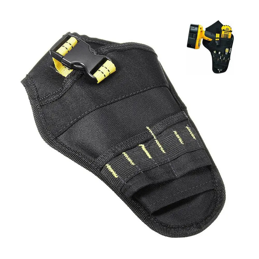 Black heavy-duty drill holster with a yellow belt storage pocket and a black retention clip