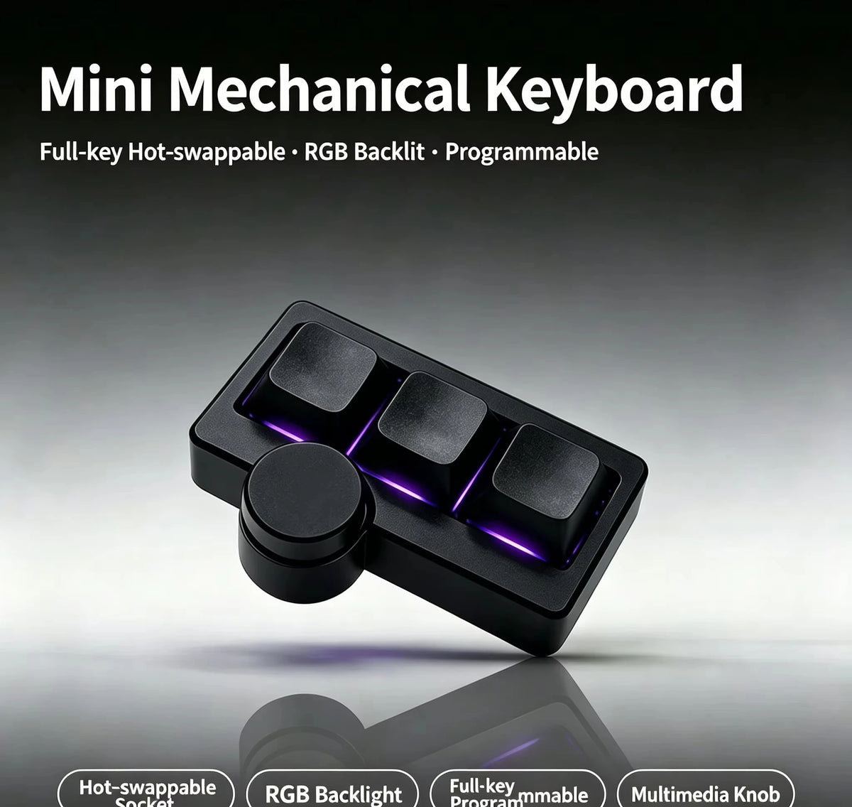 A black mini mechanical keyboard featuring purple RGB backlight and a round multimedia knob.