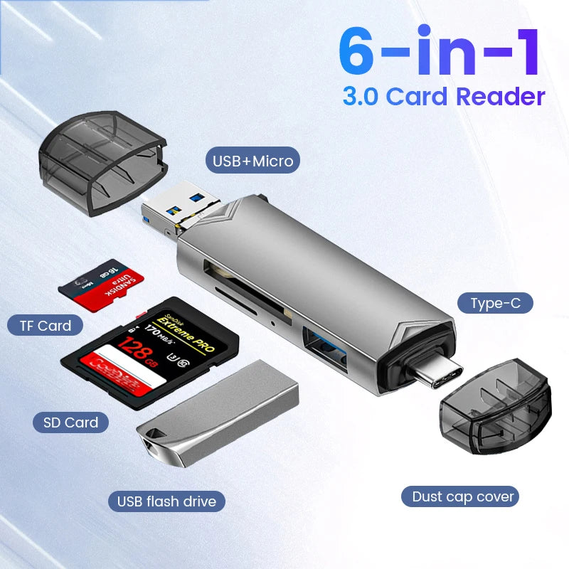Silbernes 6-in-1 USB-C Kartenlesegerät, das verschiedene Kartenarten wie TF und SD unterstützt.