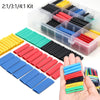 A kit of heat shrink tubing in various colors and ratios, including yellow, red, blue, black, and green.