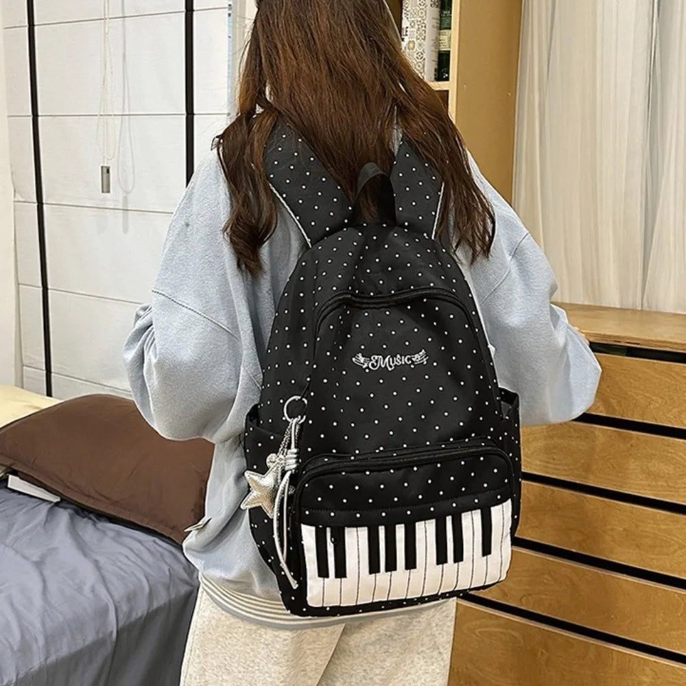 Polka Dot Backpack with Piano Key Design – Large Capacity Travel Daypack